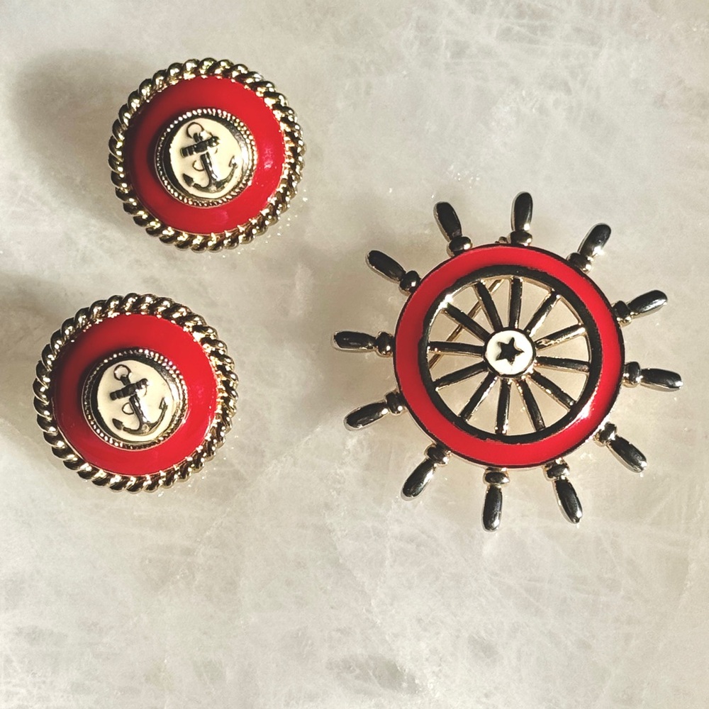 Vintage Nautical Red and Gold/chrome Anchor Earrings and Brooch Set